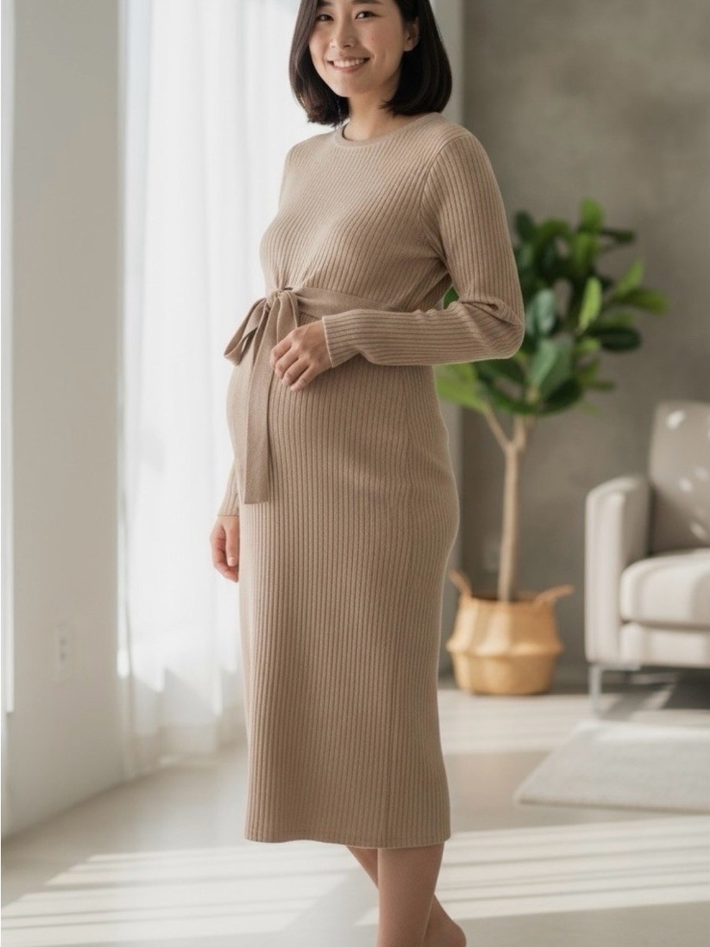 Ingrid & Isabel Rib-Knit Tie-Waist Long Sleeve Maternity Sweater Dress Beige NWT